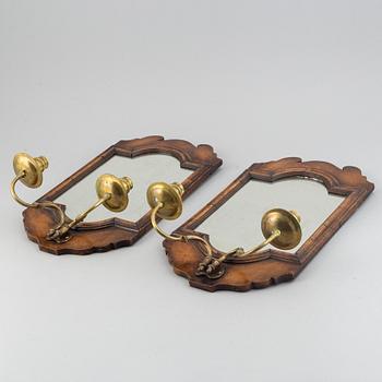 A pair  century wood and brass mirror wall sconces for two candles.c. 1900.