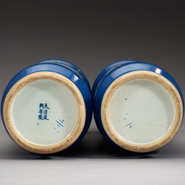 A pair of famille verte and powder blue vases/umbrella stands, Qing dynasty, circa 1900.