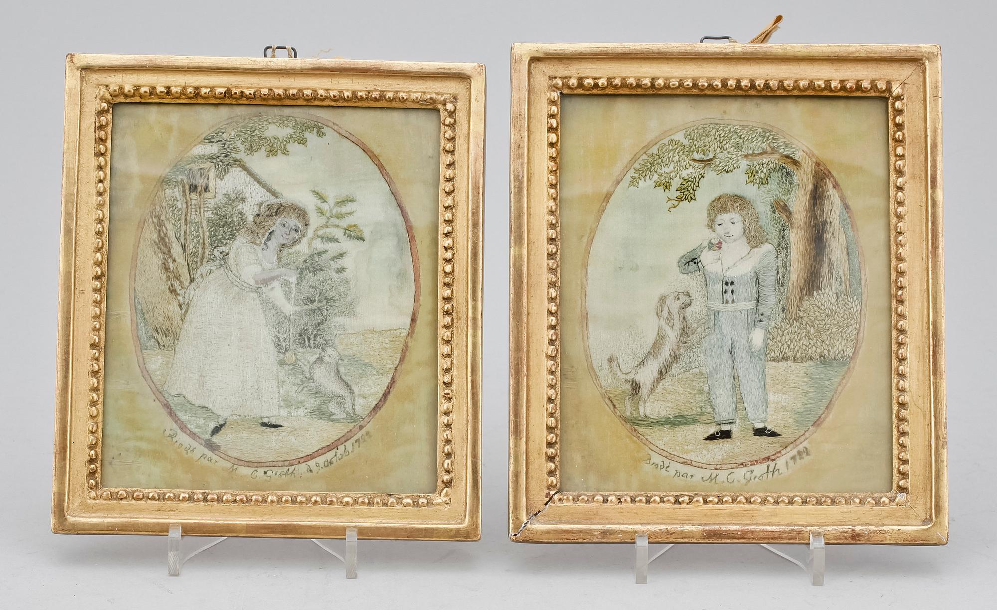 SIDENBRODERIER, ett par, dat 1722.