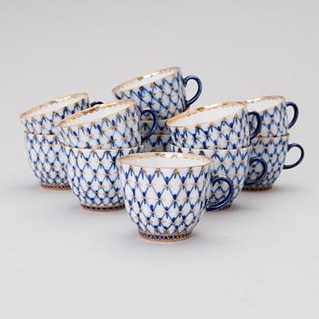 A "Cobolt net" porcelain tableware set, consisting of 45 pieces, Lomonosov, late 20th century.