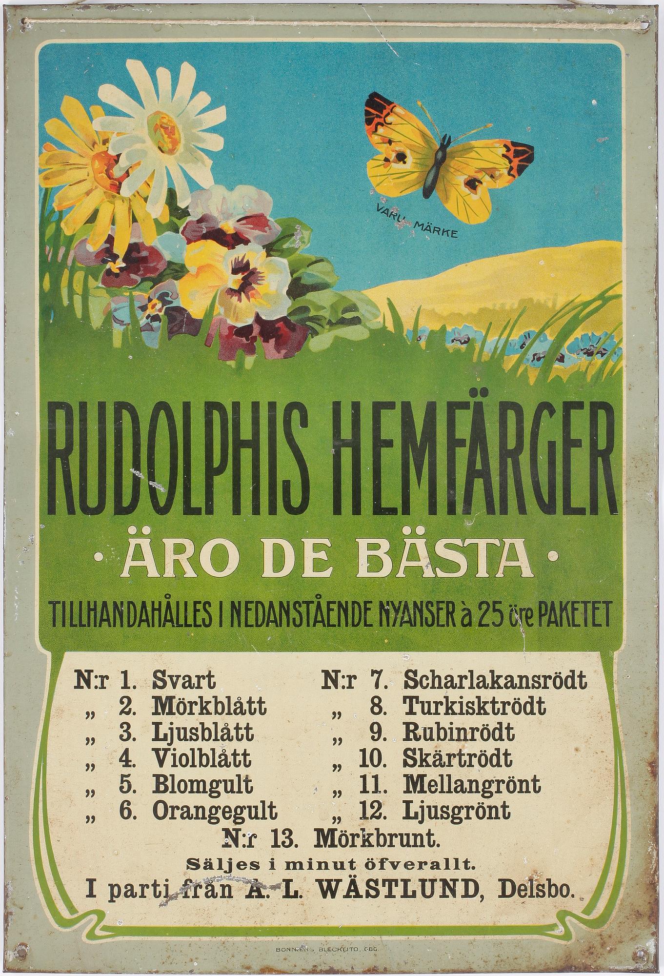 REKLAMSKYLT, litograferad plåt, A.L Wästlund, Delsbo, 1900-talets första hälft.