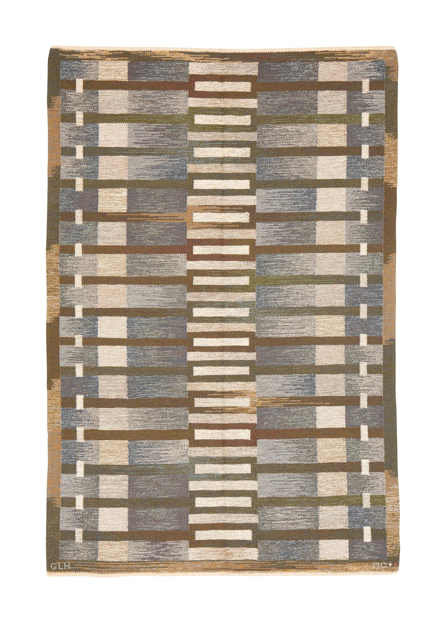 Margareta Grandin-Nettles, a carpet, flat weave, ca 249 x 167 cm, signed GLH MG.
