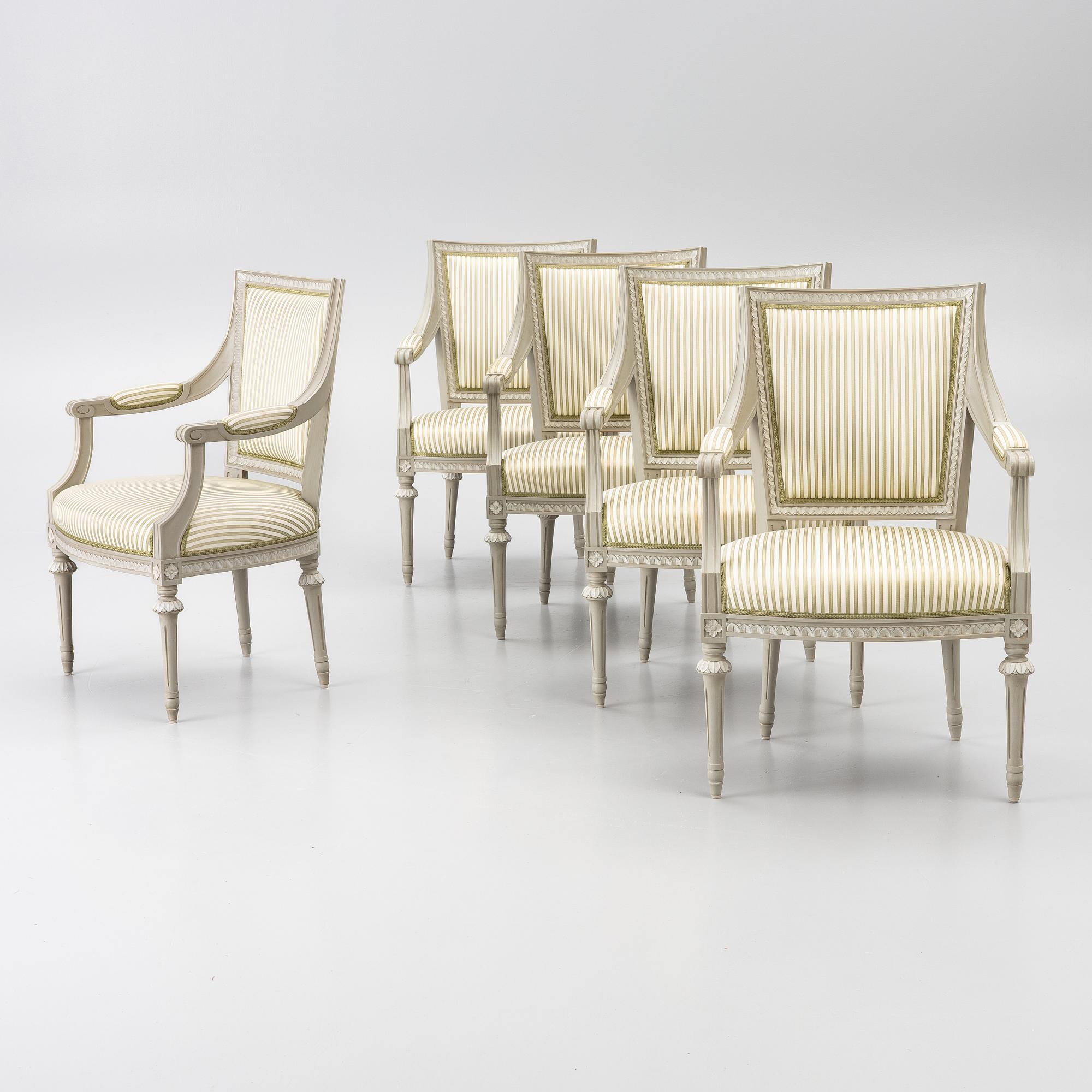 Armchairs, 5 in the Gustavian style, 20th century.