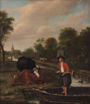 868. Jan Victors Attributed to, A meadow Landscape with a boy in a punt with cows nearby, a village beyond.