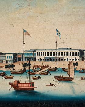 Målning, okänd konstnär, vy över Kanton. Qingdynastin, omkring år 1800.