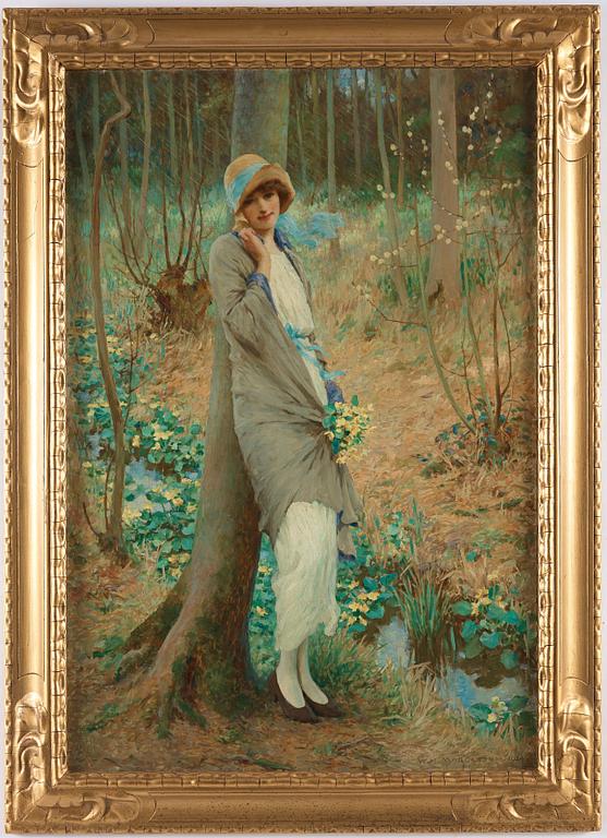 William Henry Margetson, Woman in a Spring landscape.