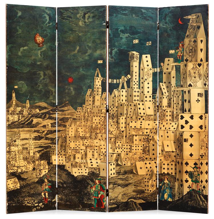 A Piero Fornasetti four-panel room divider/folding screen, 'City of cards', Milan, Italy 1950's.