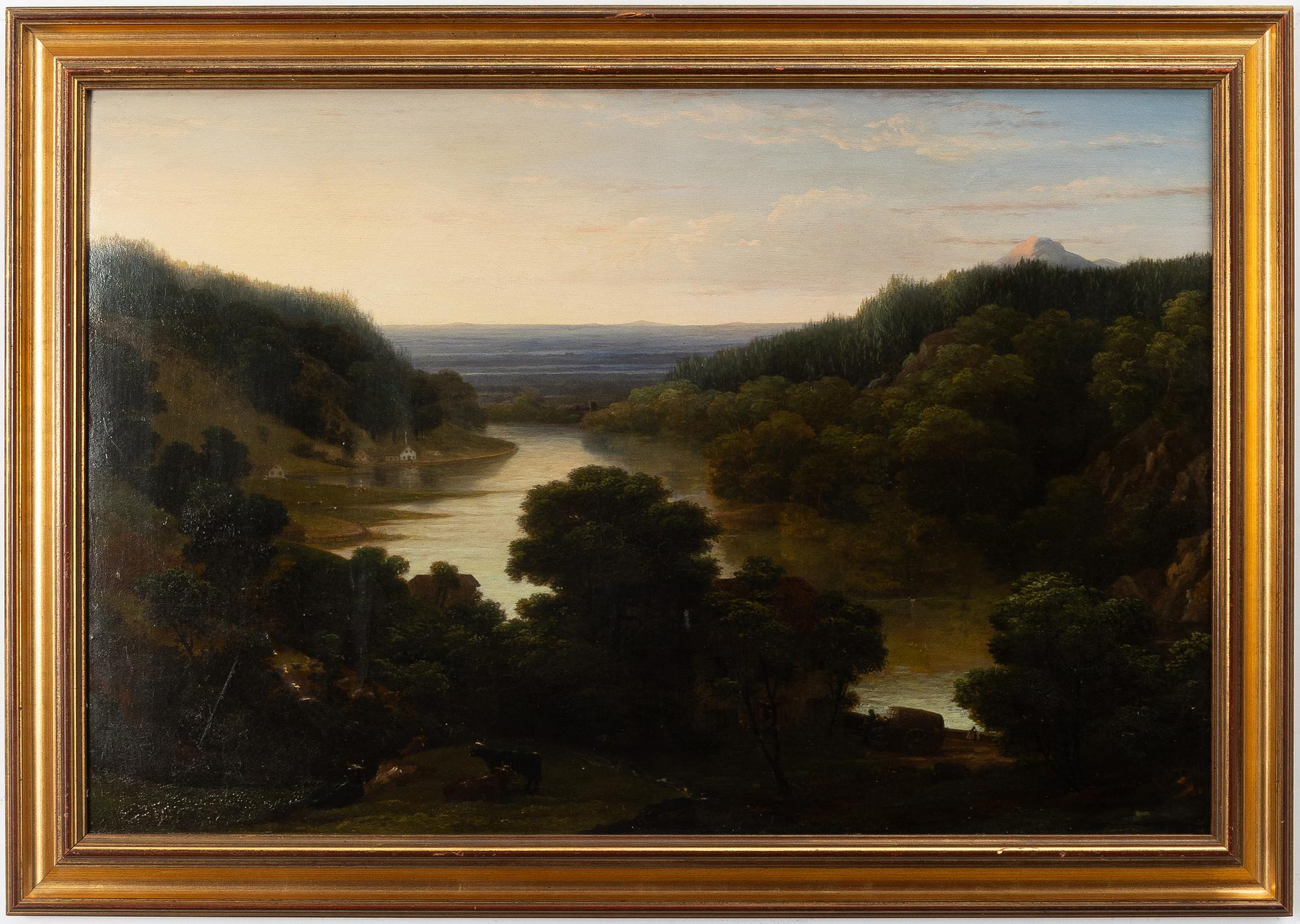 Unknown artist, 19th century, Expansive landscape with figures and cattle.