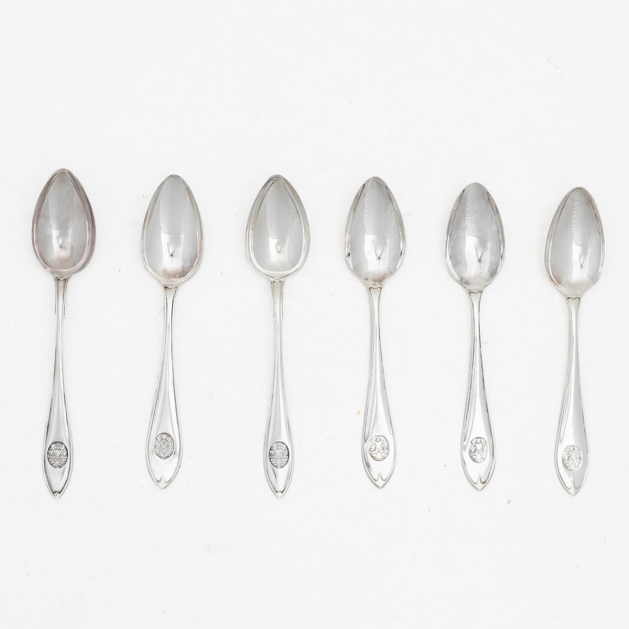 Six spoons, 'Skytte' model, MGAB and C.G. Hallberg Uppsala and Stockholm 1958.