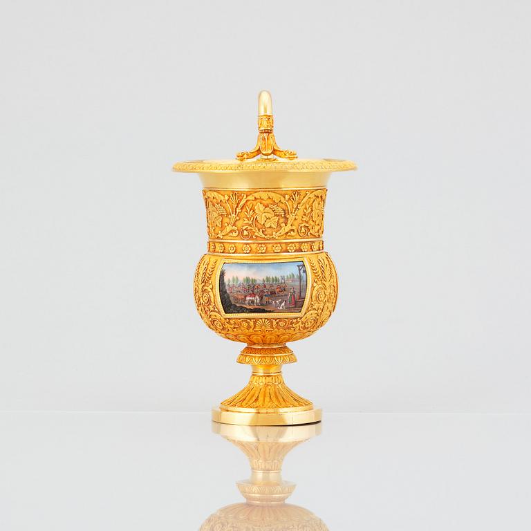 Paradkopp med fat, "The Demidoff cup", guld och emalj, Gabriel-Raoul Morel, Paris, daterad 1824.