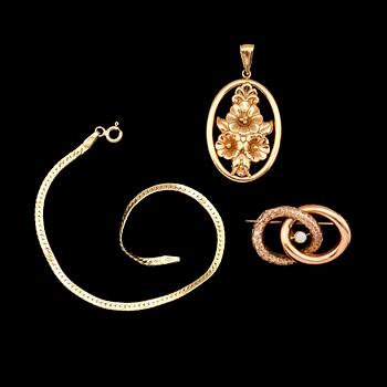 BROSCH, HÄNGE OCH ARMBAND, 14K/18K guld. Total vikt ca 9 g.