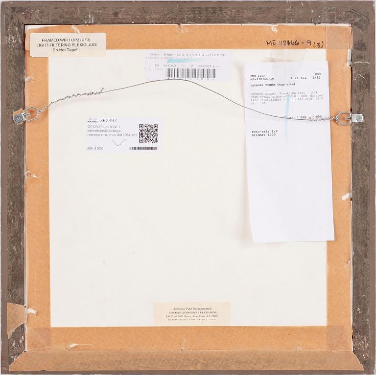 GEORGES HUGNET, blandteknik/collage, monogramsignerad och daterad 1961.