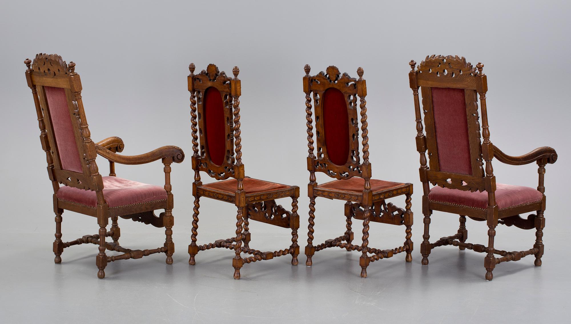 KARMSTOLAR och STOLAR, 2+2 st, barockstil, sent 1800 resp 1900-tal.