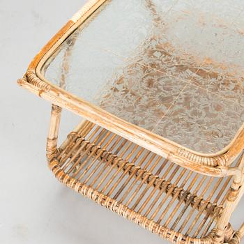 A mid 1900s bamboo and rattan serving trolley.