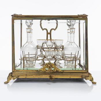 Liqueur set, glass and brass, first half of the 20th century.
