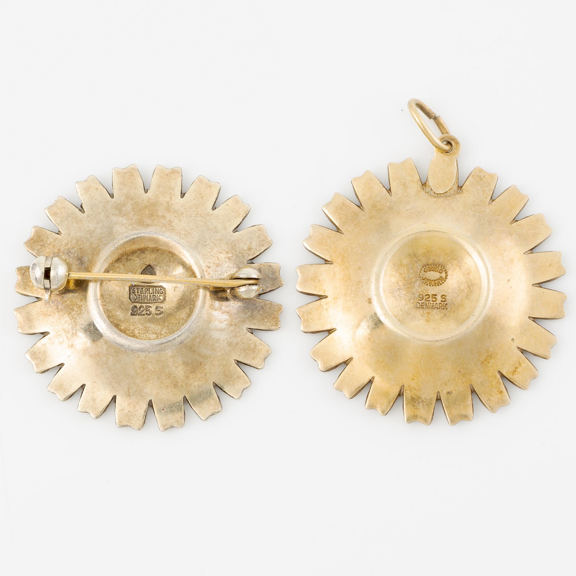 Georg Jensen and A Michelsen "Daisy" a bracelet, a pendant, and a brooch silver gilt and enamel.