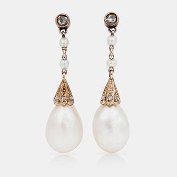 685. A pair of natural saltwater pearl and rose-cut diamond earrings.