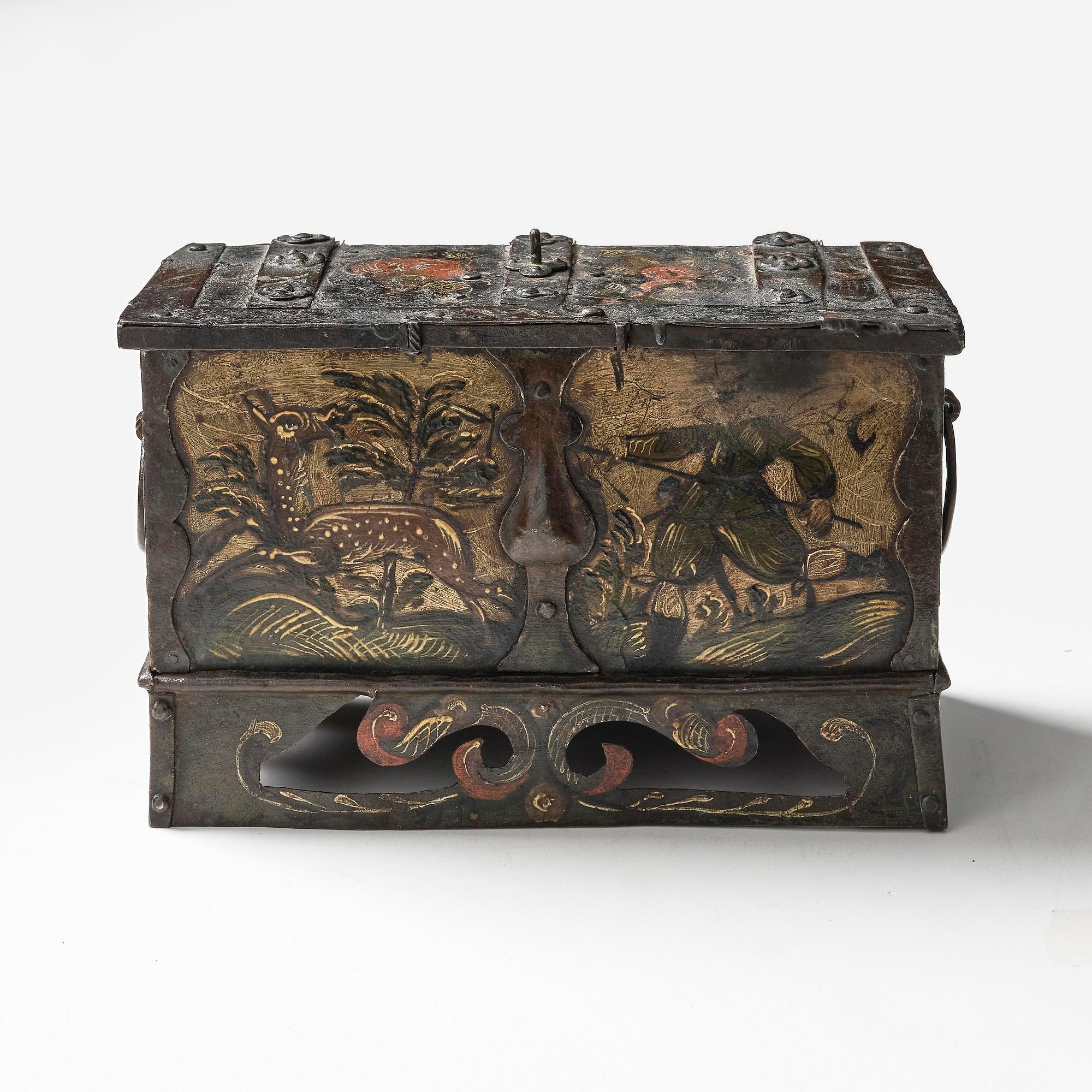 A South German presumably Nuremberg polychrome-painted wrought baroque iron casket, 17th century.