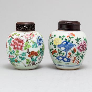 Two famille rose tea caddies, Qing dynasty, 18th Century and one 19th Century.