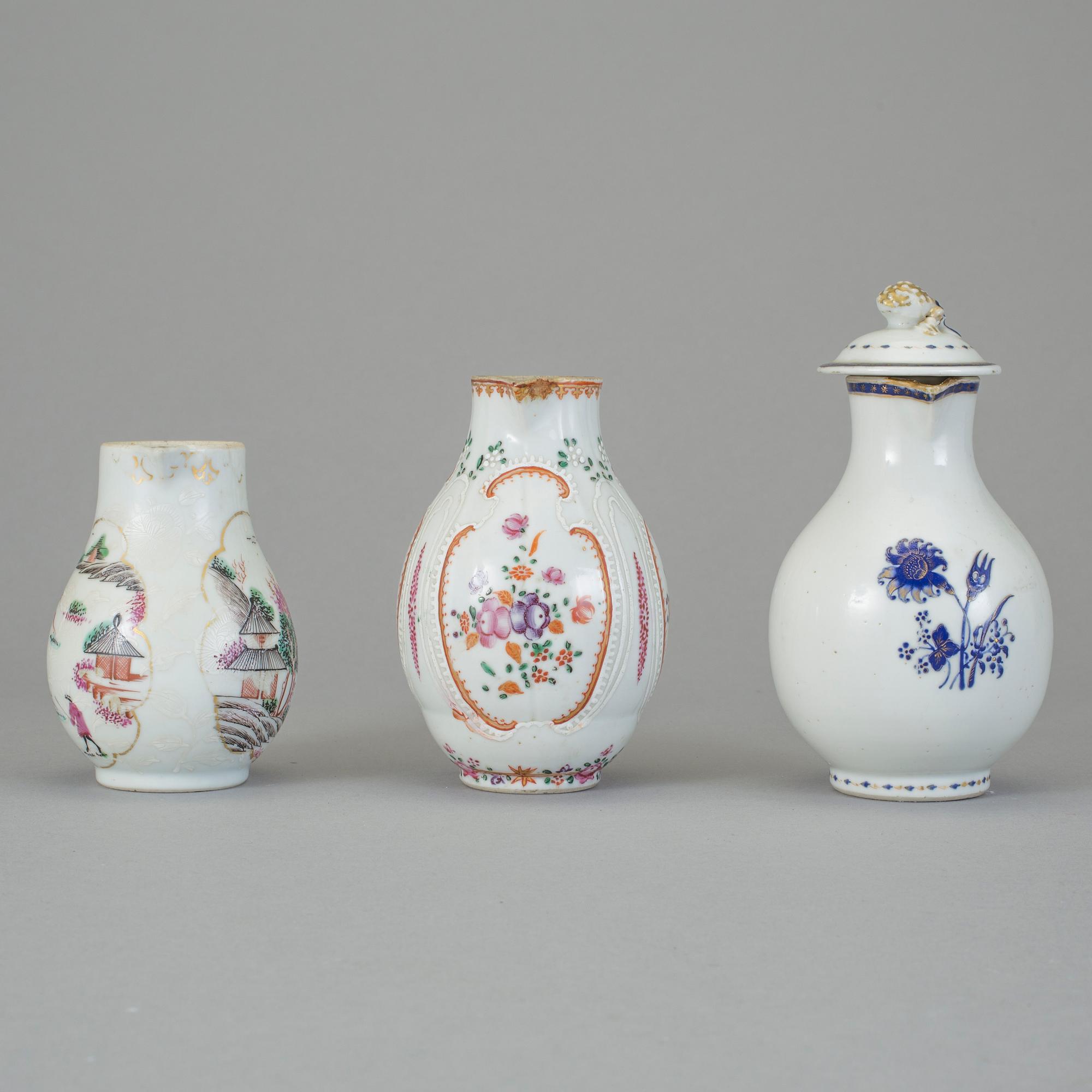 KANNOR, 3 st, kompaniporslin, Kina, 1700-tal.