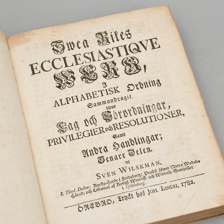 BOK, 3 st, "Swea Rikes Ecclesiastique Werk", Sven Wilkman, Skara, upplagor 1760, 81 samt 82.