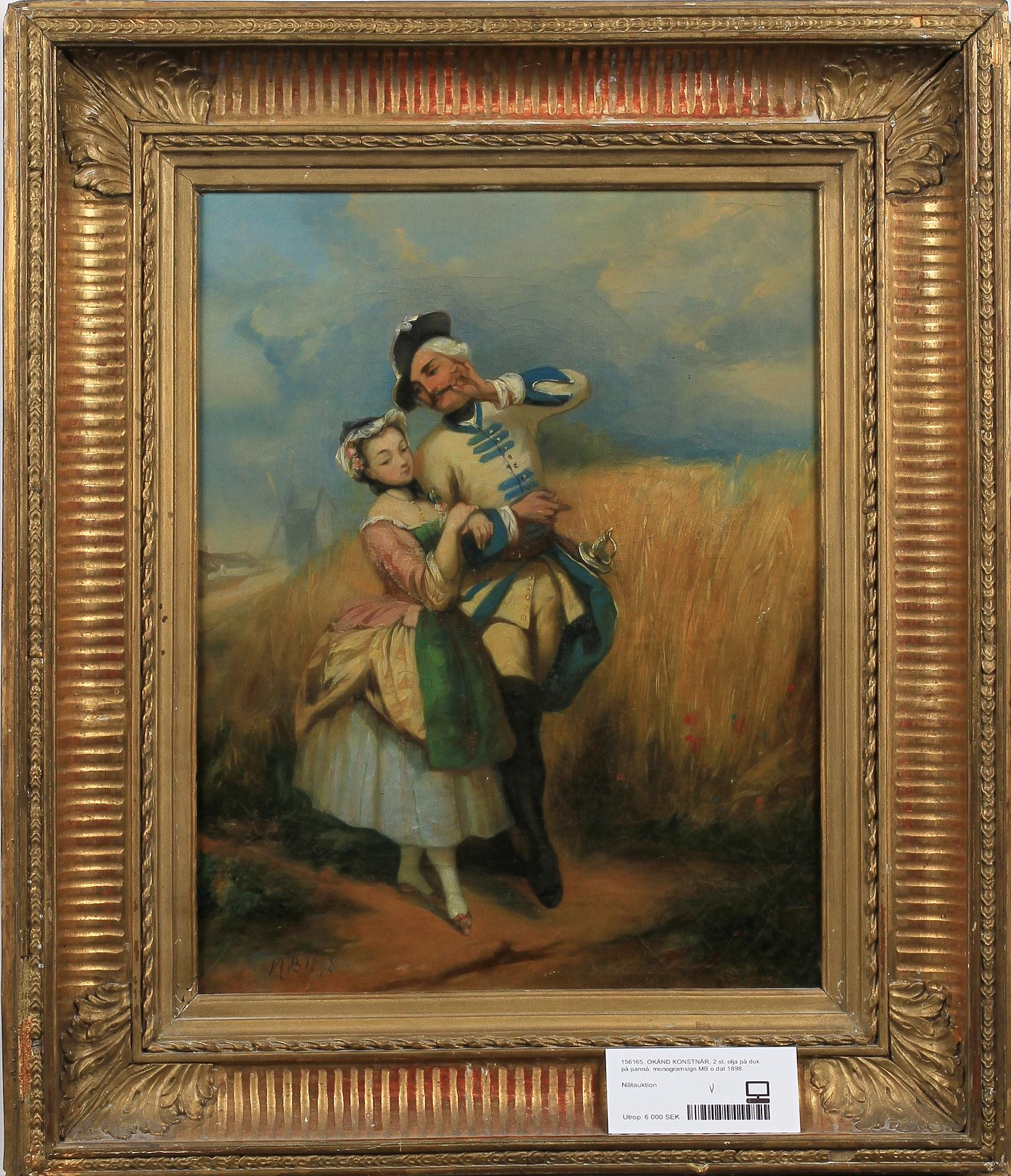 OKÄND KONSTNÄR, olja på duk på pannå, 2 st, monogramsign MB o dat 1898.