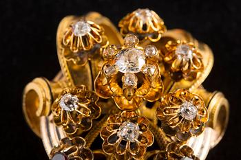 RINTANEULA, 18K kultaa, vanhahiontaisia timantteja n. 2ct, granaatteja, rubiini, emalia. Keski-Eurooppa 1800-luvun loppu.
