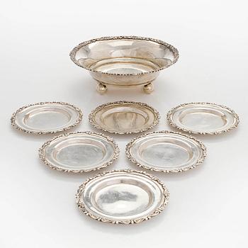 A 20th century silver bowl and six coasters.