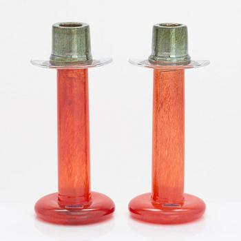 Oiva Toikka, a pair of glass candlesticks, signed Oiva Toikka Nuutajärvi Notsjö.