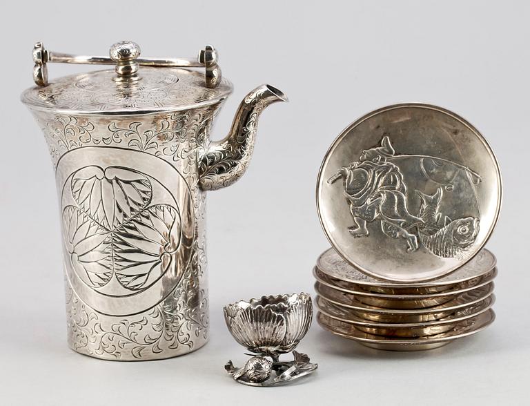 PARTI SILVER, 6 delar, silver, Kina 1900-tal. Tot vikt ca 885 g.