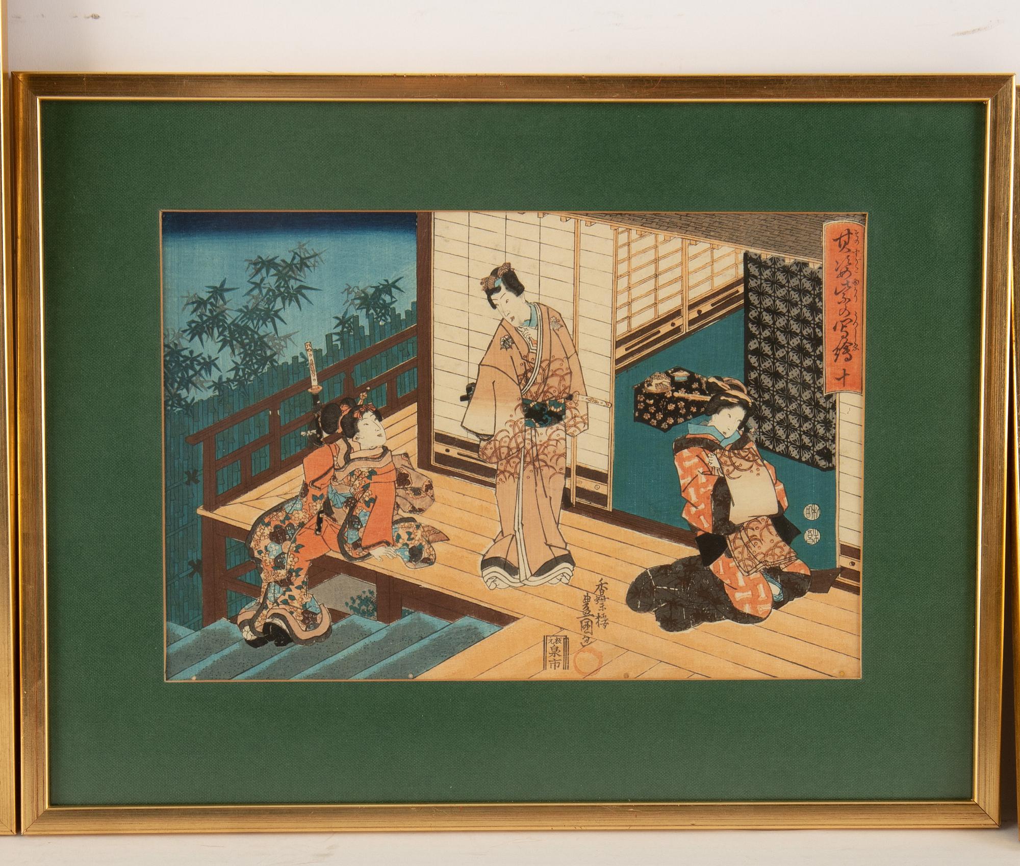 Utagawa Kunisada, färgträsnitt, tre stycken, Japan.