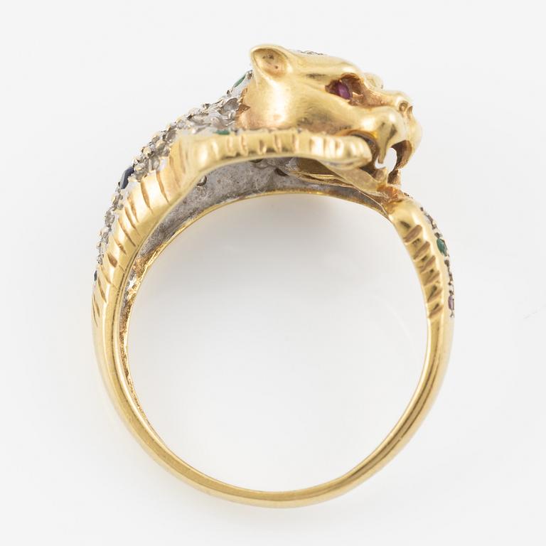 Ring, in the form of a panther, 18K gold with diamonds, sapphires, rubies, and emeralds.