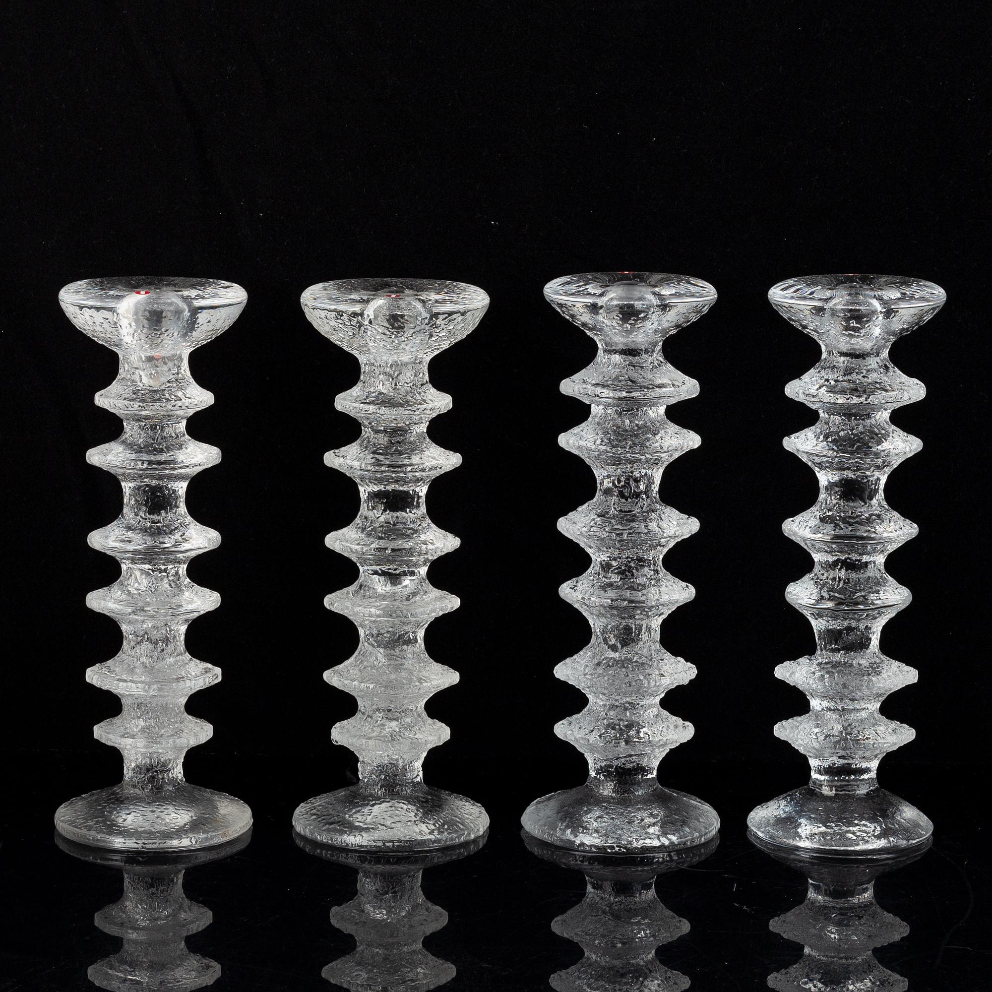 Timo Sarpaneva, a set of five glass candle sticks, 'Festivo', Iittala, Finland. Designed 1966.