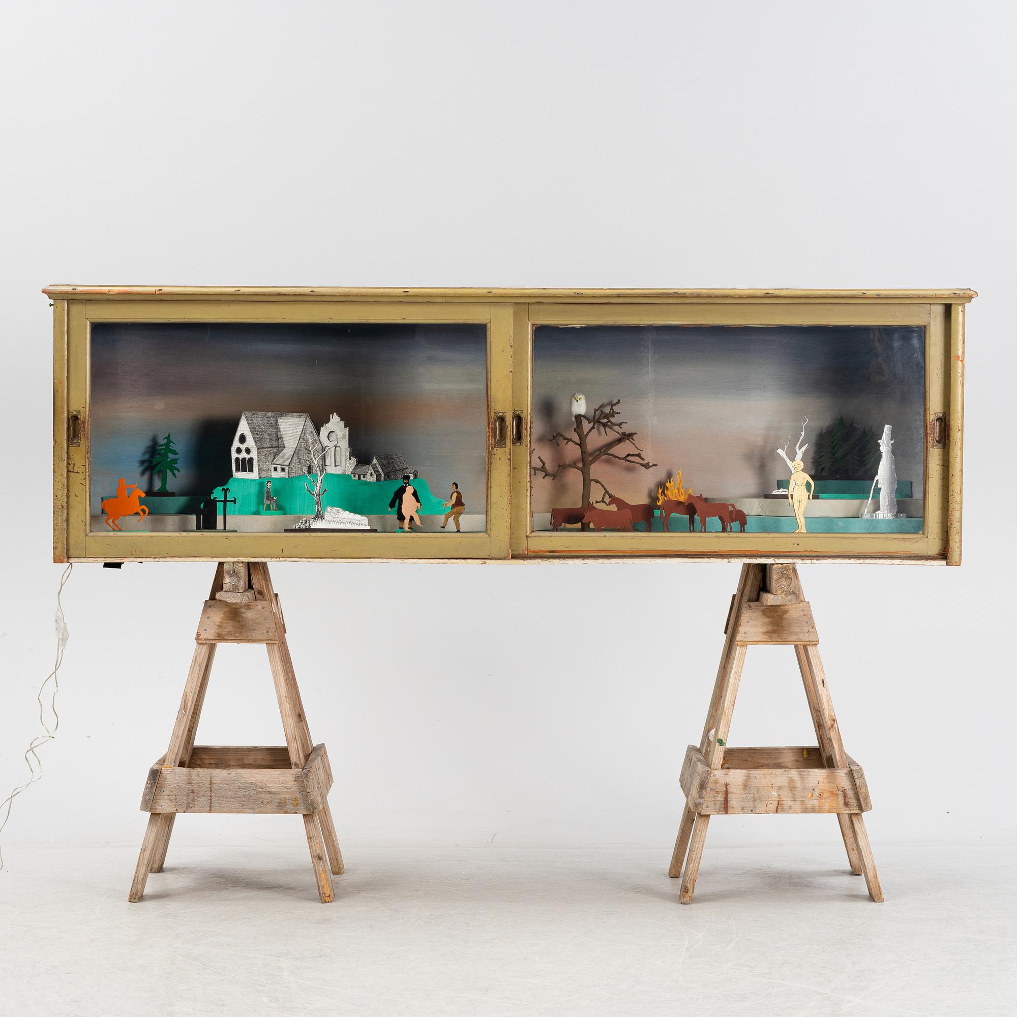 Richard Johansson, object/installation in a wooden cupboard, drawing, painting and mixed media, signed.