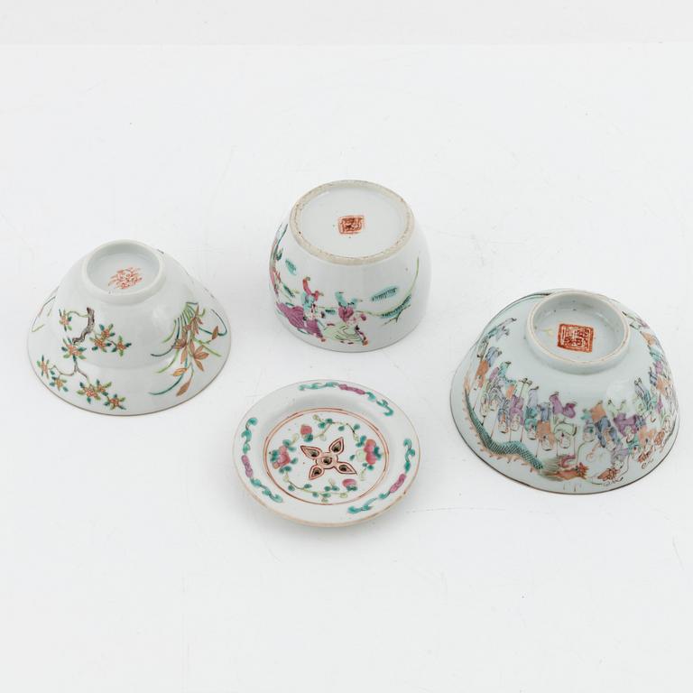 Two bowls and a soap cup, porcelain, China, late Qing dynasty.