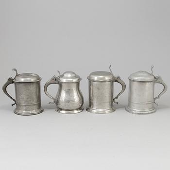 Four Swedish pewter tankards, 19th century.