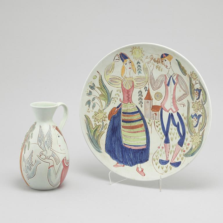 A stoneware dish and a jug for Rörstrand, stamp marked.