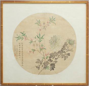 A painting, unidentified artist, ink and color on silk. Qing dynasty, signed wuyuanlaoren, dated 1886.