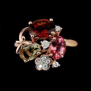 RING, 14K roséguld, topas, ametist, citrin och diamanter.