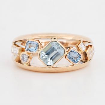 Aquamarine, baguette and brilliant-cut diamond band ring.