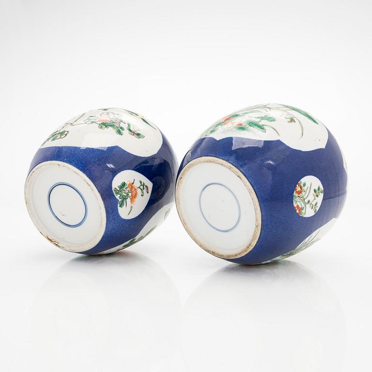 A pair of famille verte jars with covers, China mid 20th century.