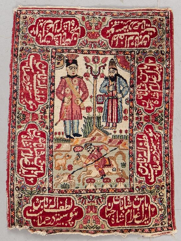 A rug, Antique Kerman Laver figural, ca 81 x 60 cm.