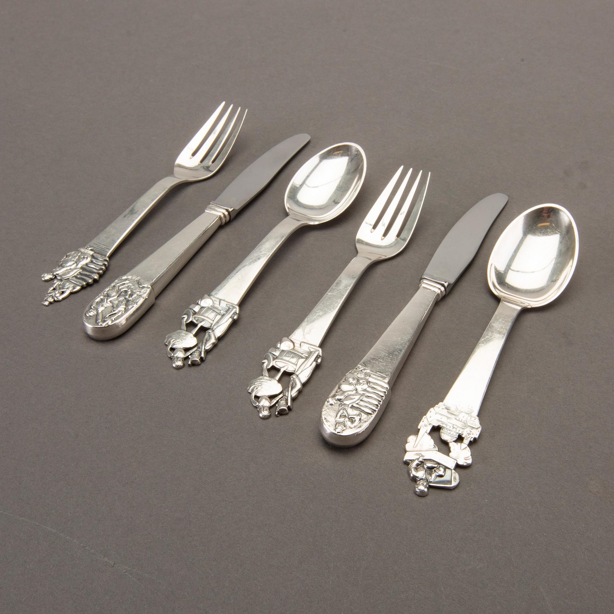 CUTLERY, 33 pcs, silver, H C Andersen motifs, Denmark mid 20th century, 631g.