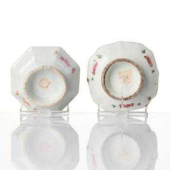 Two Chinese famille rose porcelain dishes and a censer, a pair of enamel spoons, Qing dynasty.