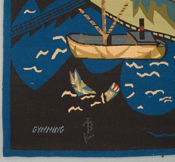 Lars Gynning, VÄVD TAPET, "La Vieille Ville" ("Gamla Stan"), gobelängteknik, ca 93,5 x 198,5 cm, signerad GYNNING MTP fino.