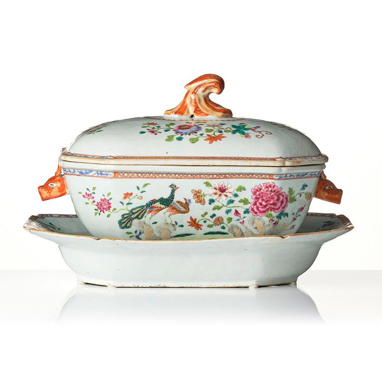 A famille rose 'double peacock' tureen with cover and stand, Qing dynasty, Qianlong (1736-95).