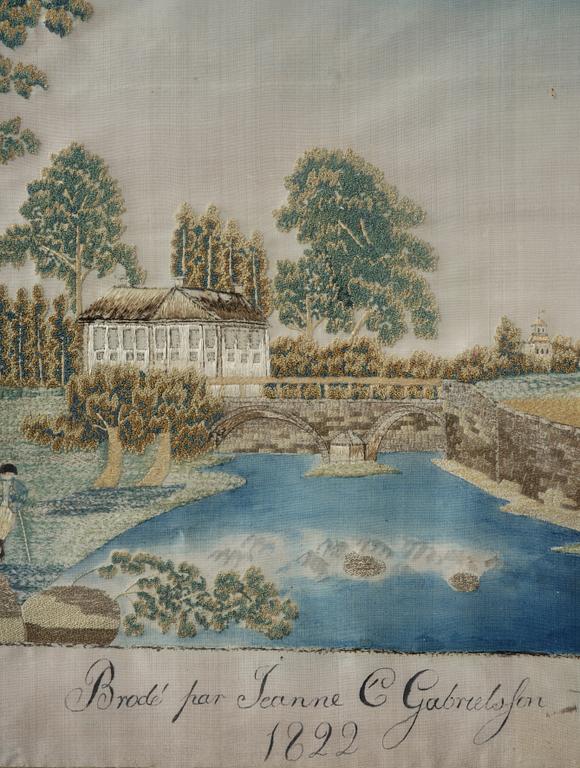 A Swedish Empire giltwood framed silk embroidery, early 19th century.