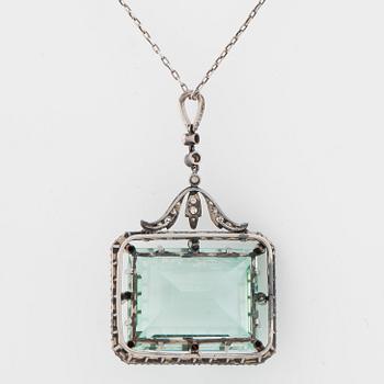 A circa 37.00 ct aquamarine and rose- and old-cut diamond pendant.