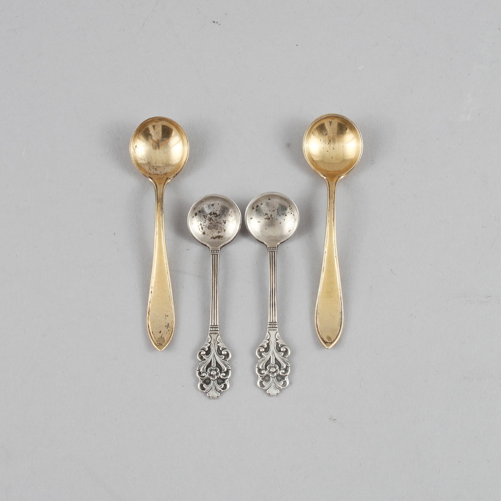 SALTKAR, två par, silver och glas, 1900-tal.