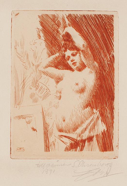 ANDERS ZORN, etsning i rött, 1891 (upplagan 15-20 exemplar, troligen endast ett fåtal i rött), signerad med blyerts.